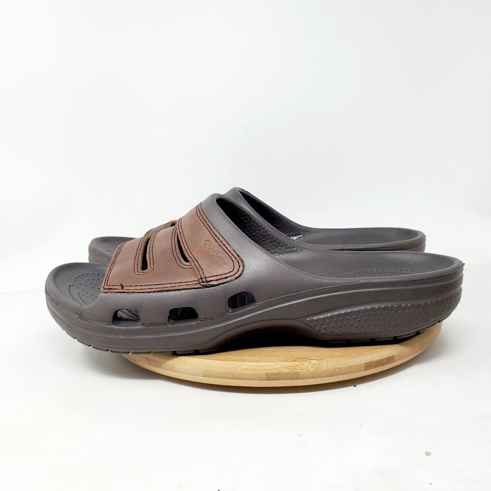 Crocs Yukon Mesa Slide Sandals Mens 9 Brown Leather Slip On Shoes - Picture 6 of 13